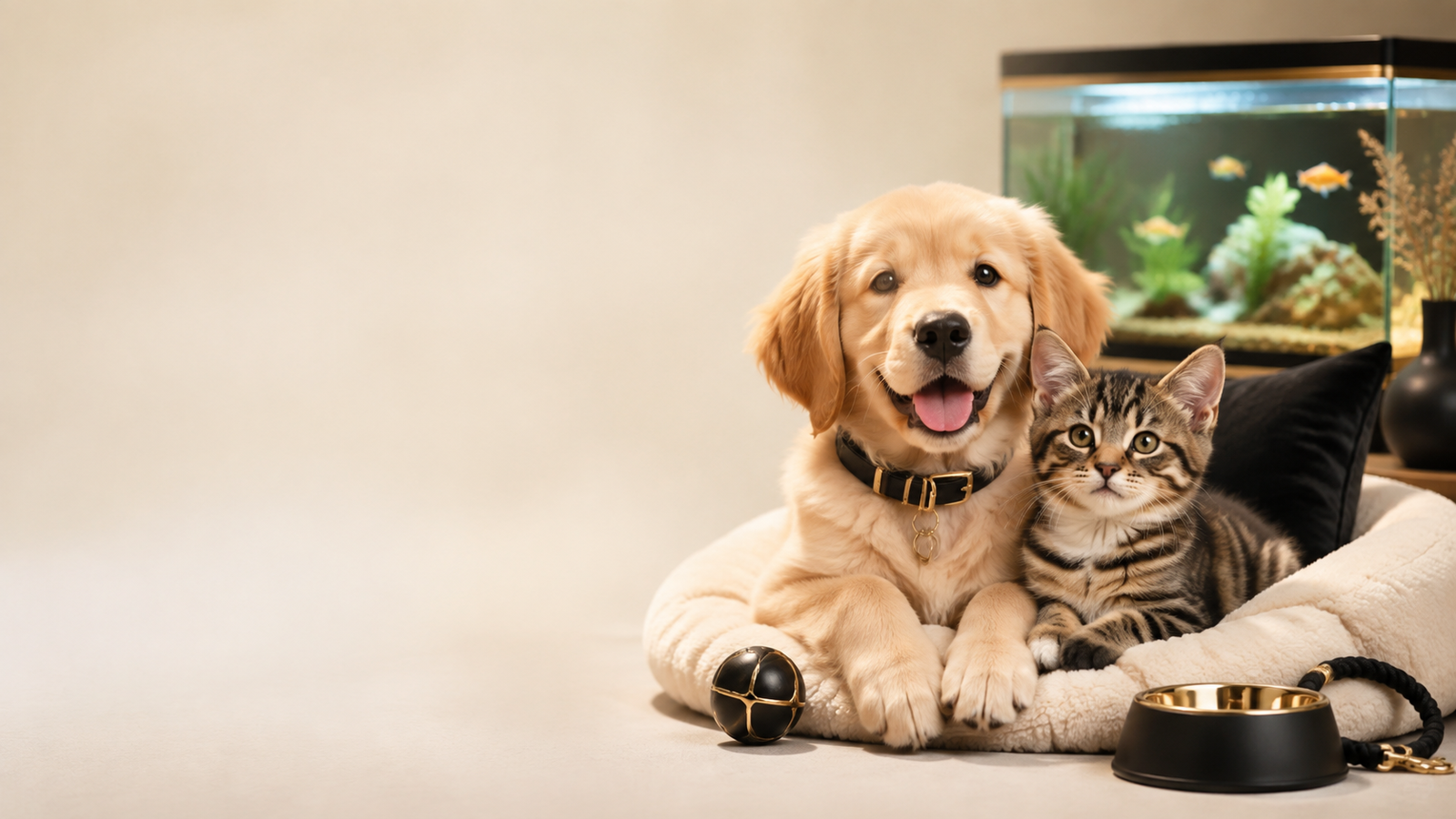 Happy puppy and kitten with aquarium and pet accessories
